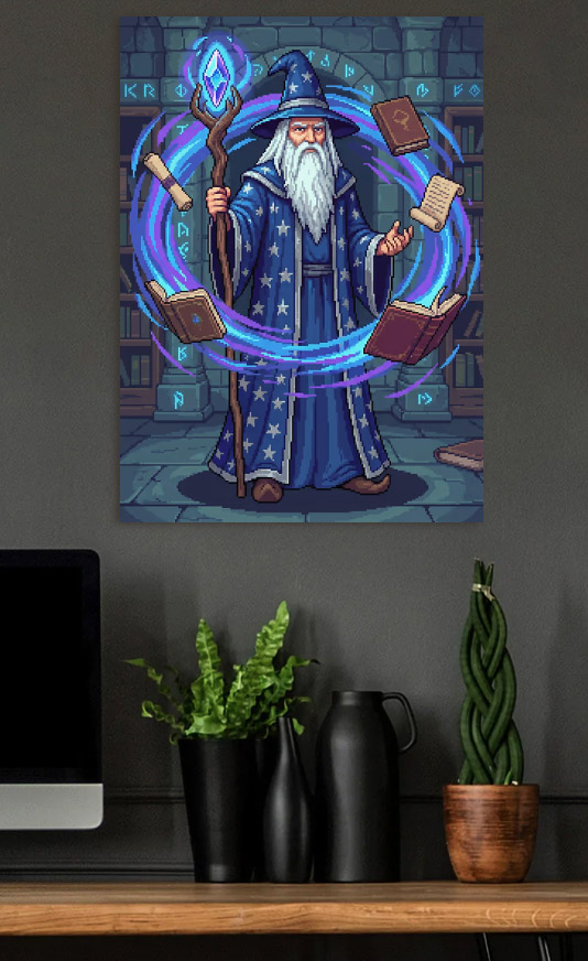 Pixel Art Wizard with Magic Orb — metal poster wall art by Lineer